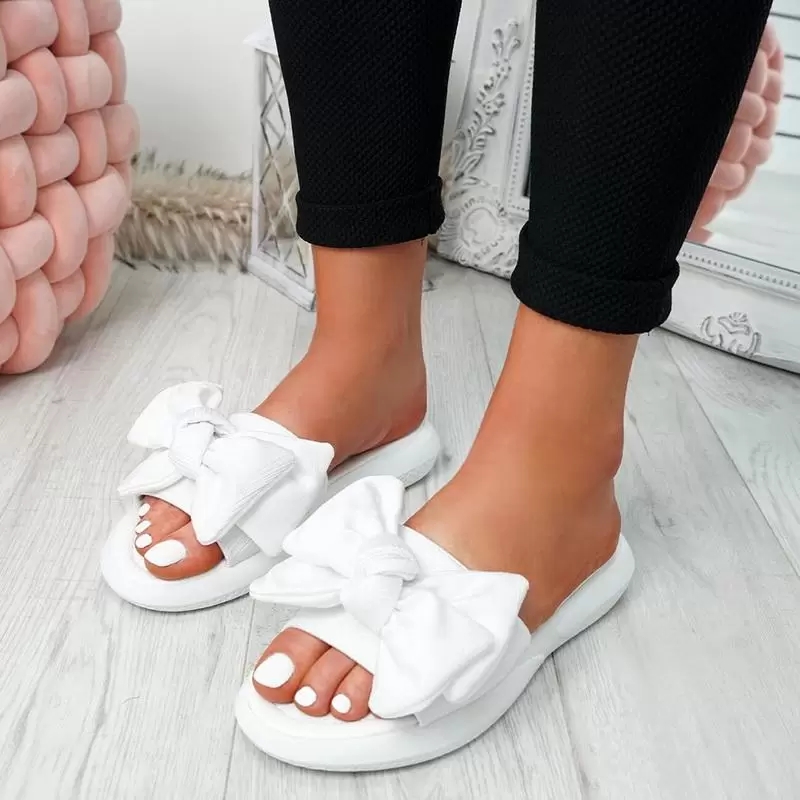 

Slippers White Slipper Woman Summer Shoes Bow-knot Outdoor Open-toe Sandals Flat Heel Soft Bottom Comfortable Sandalias
