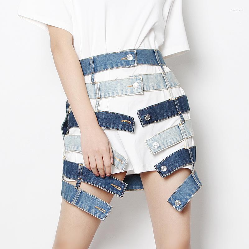 

Skirts Women Harajuku High Waist Mini A-Line Skirt Denim Gothic Sexy Summer Sweet Hollow Out Patchwork Asymmetric Streetwear, Blue