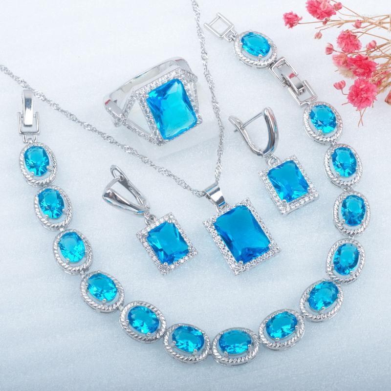 

Necklace Earrings Set & Ladies Wedding Square Sky Blue Pendant Ring Silver Color Bracelet MN002, Picture shown