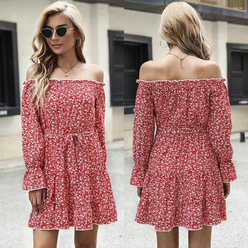 

Casual Dresses 2022 Spring Slash Neck Female Autumn Flare Sleeve Long Lace-up Floral Print Dress Elegant Women Clothes, Burgundy