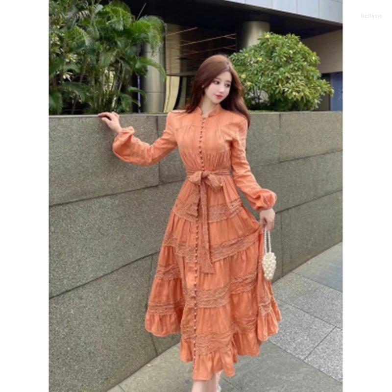 

Casual Dresses Luxury Design Runway Self-Portrait Dress Women' Single Breasted Lantern Sleeve Water Soluble Floral Splicing Long, Picture color