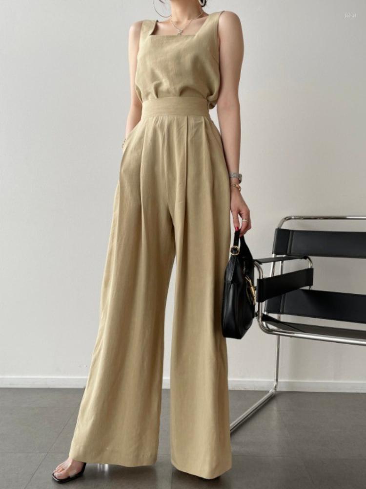 

Women's Two Piece Pants Korean Chic French Square Neck Vest Top High Waist Pleated Wide Leg Trousers Casual Fashion Suit Female Summer Solid, Apricot tops