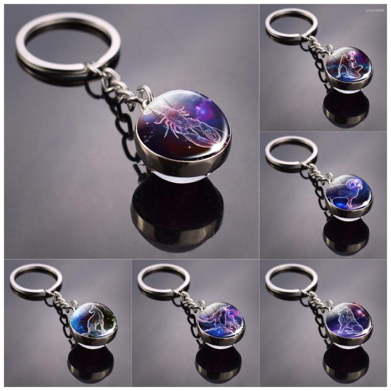 

Keychains 12 Constellation Keyring Starry Sky Luminous Keychain Time Stone Glass Ball Key Chain Bag Accessories Car Pendant Gifts