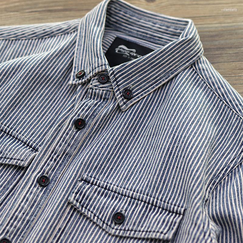 

Men's Casual Shirts Men's Autumn Japanese Retro Long Sleeved Lapel Denim Striped Work Shirt Men's Cotton Washed Old Thickened Slim, Blue