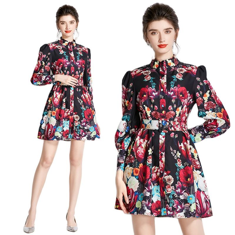 

Vintage Stand Collar Print Mini Dress Lantern Sleeve 2022 Runway Elegant Button Floral Shirt Short Dresses With Belt Designer Fashion Ladies Casual Resort Clothing, Green