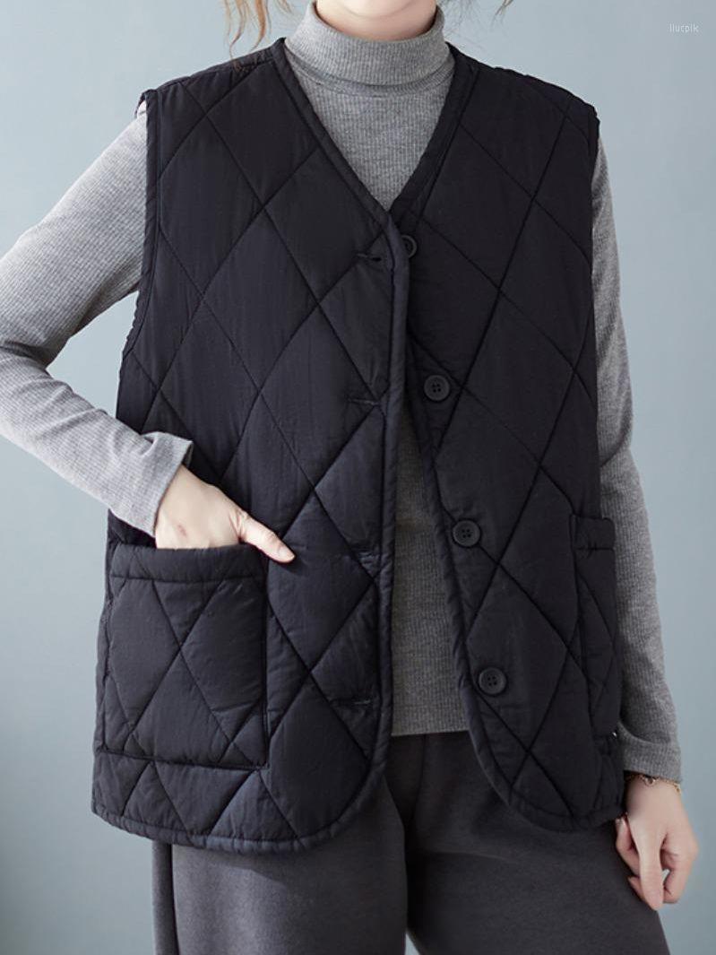 

Women's Vests Fashion Quilted Vest Women Parkas 2022 Autumn Winter V-neck Sleeveless Jacket Female Loose Short Warm Waistcoat Vintage Tide, Black