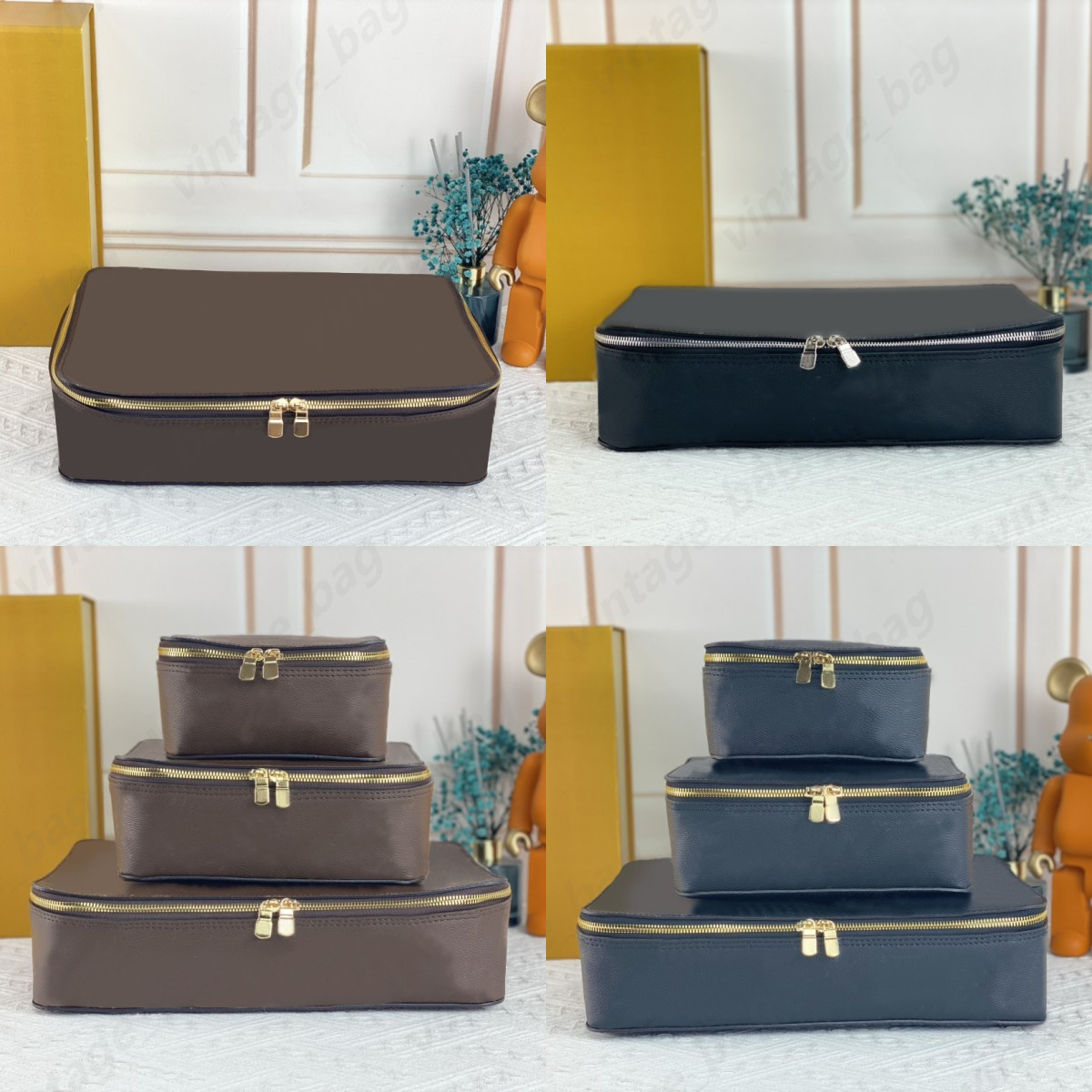 

PACKING CUBE PM GM MM Bag Storage Jewelry gift Box square Luggage-box Cosmetic Monograms Canvas Designer Luxury Suitcase Multi-Size Travel Purse M43690 M43689 M43688, Black check gold zipper