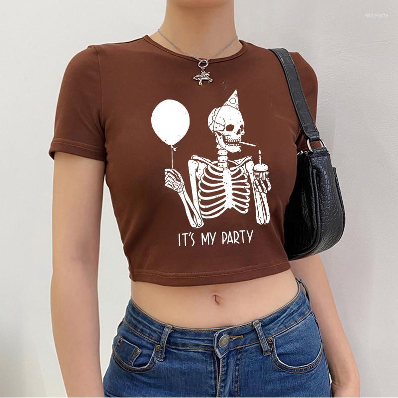 

Women' Tanks Women' Punk Vintage Skeleton Print Goth Top Female Y2k Style Crop O-neck Tshirt Brown Streetwear Sexy Fashion Short, Black