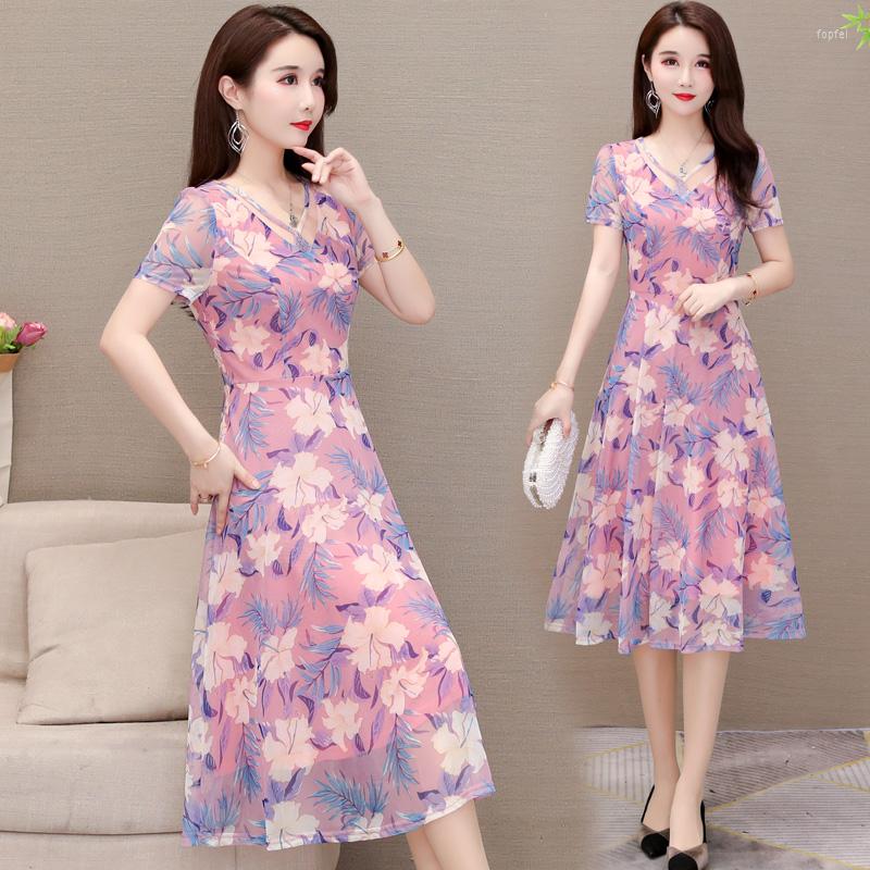 

Party Dresses Summer Chiffon Fashion Women Short Sleeve V-Neck A-Line High Waist Slim Floral Print Pink Blue Big Swing Cocktail 9737