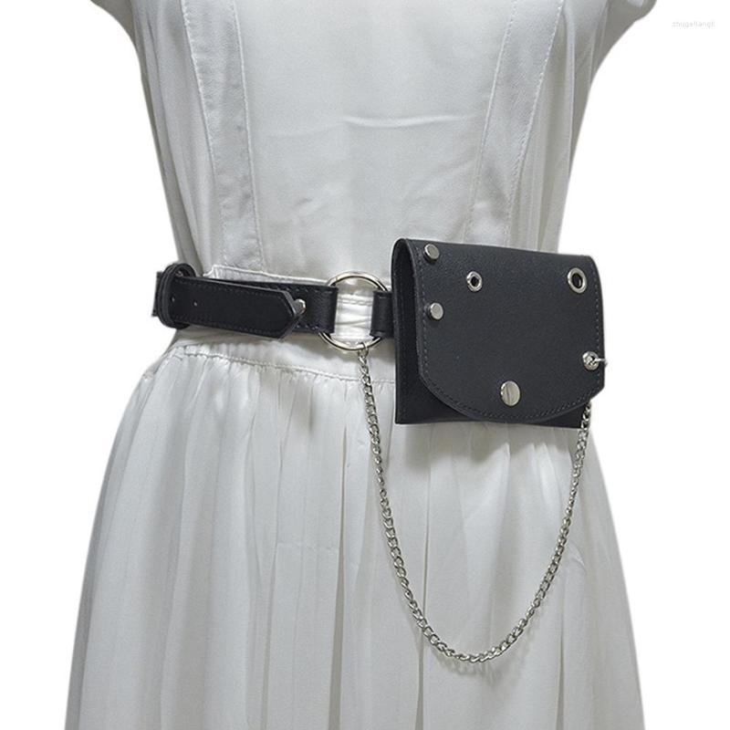 

Belts 2022 Fashion Punk Harajuku PU Waist Bag Purse Fanny Pack Bandage Harness Metal Tassel Small Chain Women Belt, Black