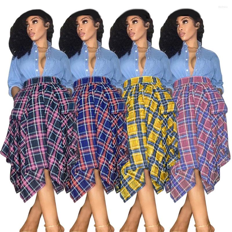 

Skirts Plaid Printed Asymmetrical Skirt For Women Ankle-Length Checkered High Waist Big Pockets Loose Casual Sweet Girl Cute Summer, Black