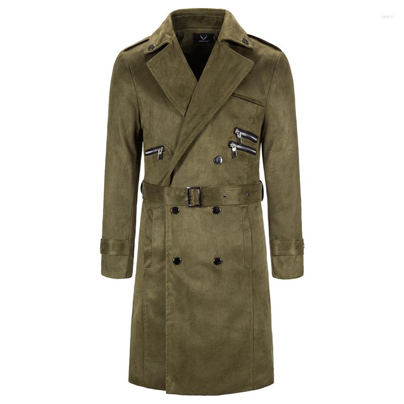 

Men's Trench Coats Autumn Long Coat Men British Style Double Breasted Pea Fashion Sashes Windbreaker Jacket Brand Overcoat, Black