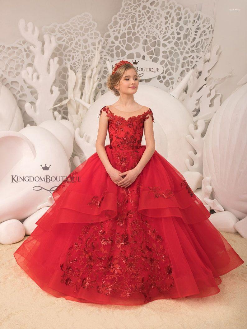 

Girl Dresses Red Gorgeous Flower Tulle Custom Made Floor Length Sleeveless First Communication Birthday Dress, Black