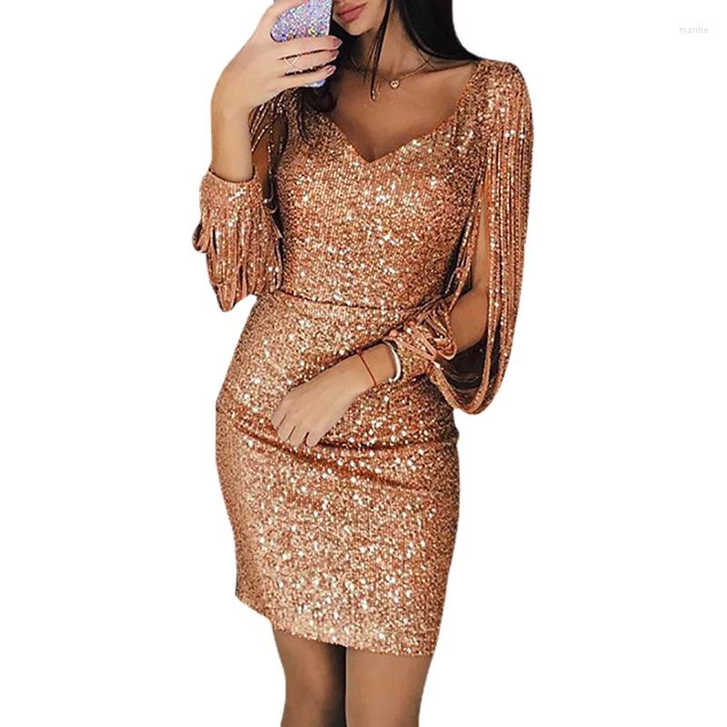 

Casual Dresses Summer Dress Women Sexy V-Neck Bodycon Gold Solid Sequined Stitching Shining Tassel Long Sleeve Mini, Black