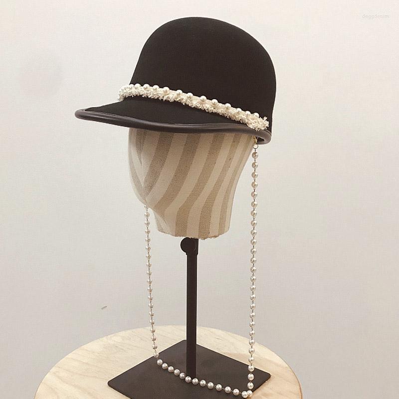 

Ball Caps Fashion Long Pearls Necklace Wool Cap Women Young Girl Outdoor Baseball Winter Spring Sboy Visor Cabbie Hat, Black