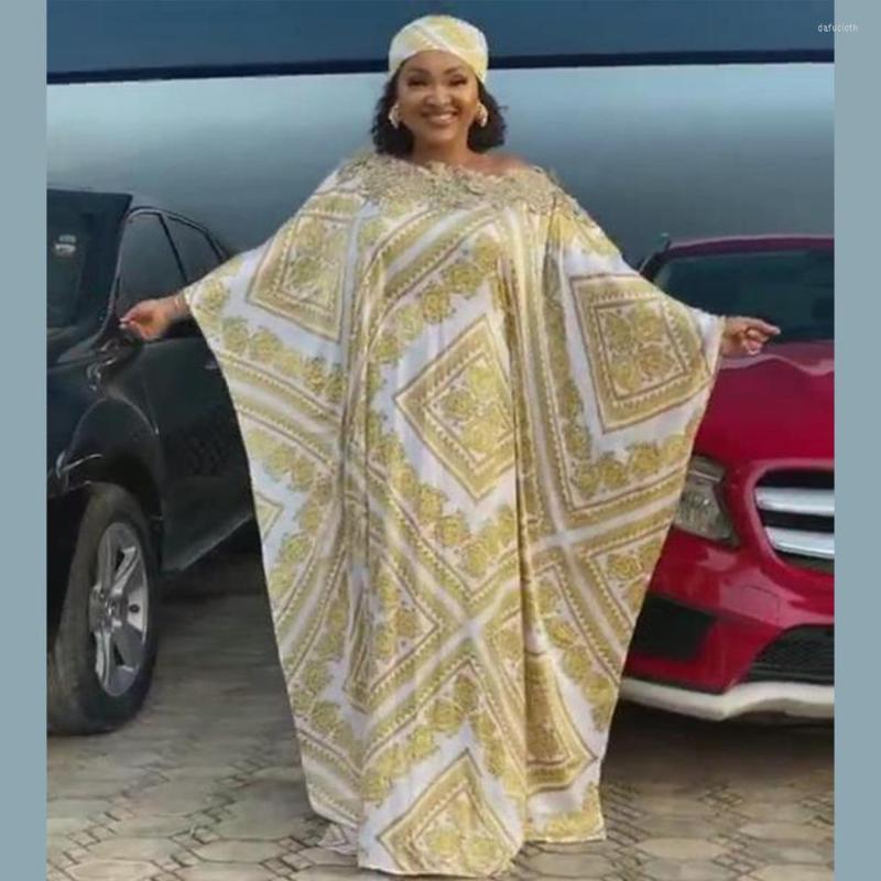 

Casual Dresses African Woman Dress Rayon Digital Printing Fix Rhinestone And Lace Decoration Plus Size Folk Style With Scarf Optional, Champagne