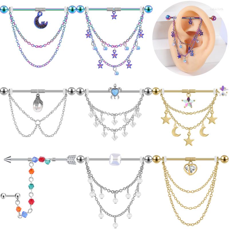 

Stud Earrings AOJ 14G Industrial Barbell Piercing Gold Plated Drop Earring Chain Stainless Steel Ear Decoration Pearl Opal Star Women