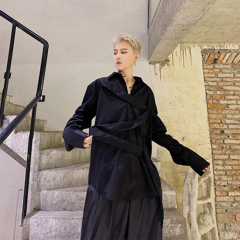 

Men' Casual Shirts Men' Long Sleeved Autumn Shirt Large Design Sense Ribbon Loose Nightclub Hairdresser Fashion, Black