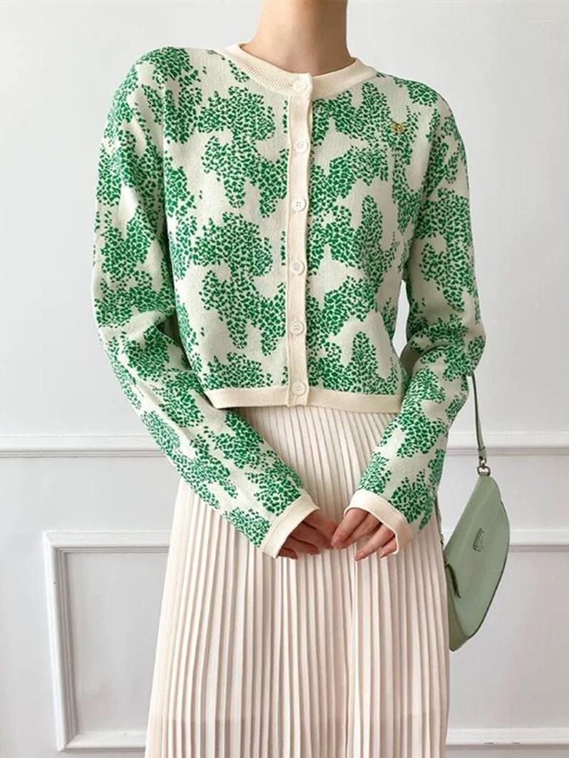 

Women' Knits 2022 Early Autumn Women' Cardigan Green Jacquard Single Breasted Ladies Elegant Long Sleeve Slim Short Sweater