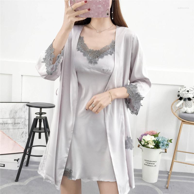 

Women's Sleepwear Women's Spring Women Satin Solid Robe Set Sexy Lingerie Lace Deep V Lounge Suit Bride Bridesmaid Kimono Bath Robes, Champagne nightdress