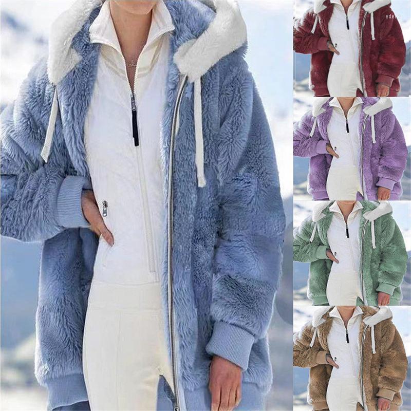 

Women' Fur Autumn Winter Fashion Style Loose Plush Zipper Hooded Long Sleeves Thickened Warmth Imitation Coat Women Trendy H477, White