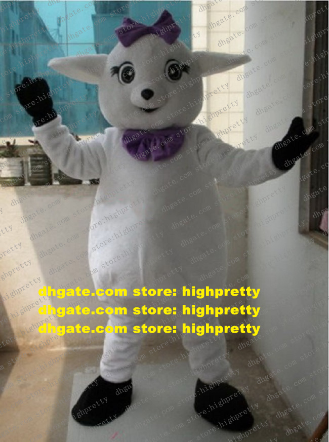 

Likable White Lamb Sheep Mascot Costume Mascotte Goat Jumbuck Yeanling With Big Eyes Purple Bow Tie Adult No.1041, As in photos