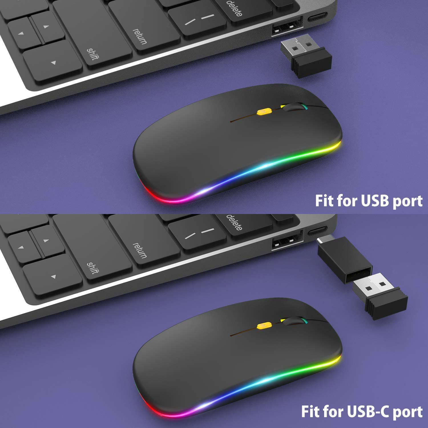 

LED Wireless Mouse Rechargeable Slim Silent Mouse 2.4G Portable Mobile Optical Office with USB & Type-c Receiver