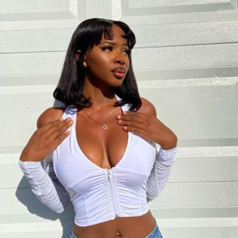 

Women' T Shirts Women' T-Shirt Women Halter V-Neck Long Sleeve Mesh Patchwork Zipper Out Crop Top Club Party Night Black White Tops