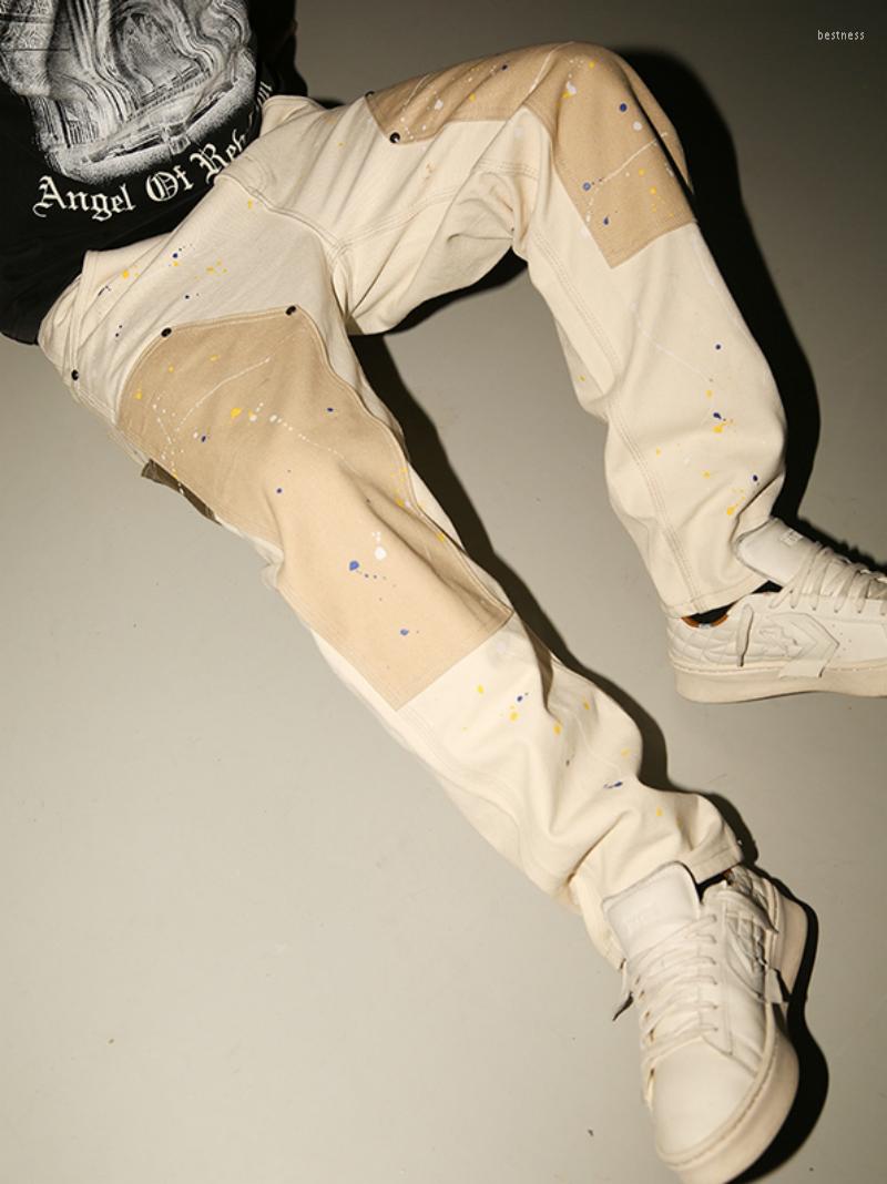 

Men's Jeans 2022 Hip Hop Khaki Cashew Flower Overalls Ink Splashing Rice White Multi-color Stitching Stiff Straight Canvas Retro Cargo Pants