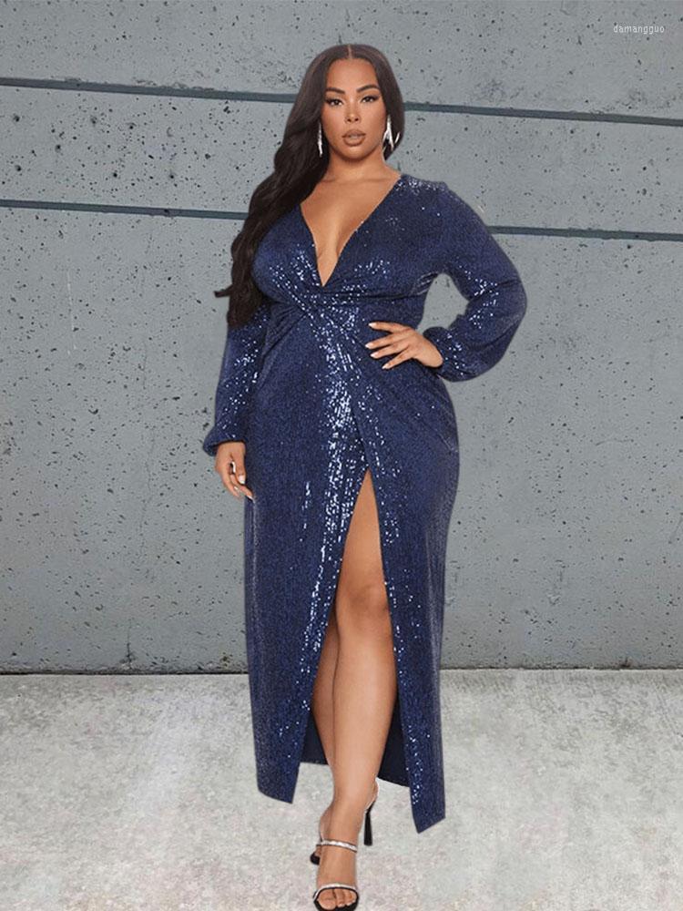 

Plus Size Dresses Women Clothing Royal Blue Elegant For Party Long Sleeve Maxi Dress Lady Sequin Wholesale DropPlus