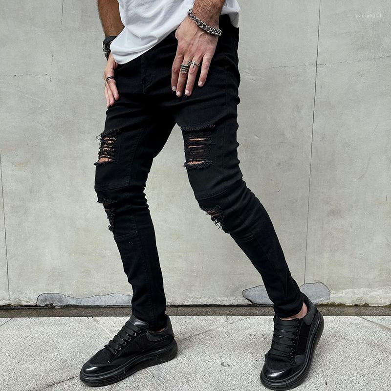 

Men's Jeans Stretch Pants Personality Motorcycle Scraping Men's Summer High Street Hole Self-cultivation Pedicure Casual, Black