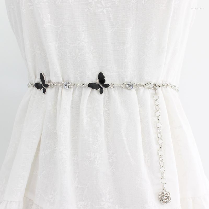 

Belts Fashion Women Butterfly Metal Chain Belt Silver Lady Body Wasit Elegant Slim Long Waistband, Black