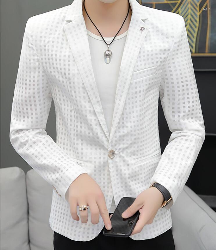 

Men's Suits Men's Summer Thin Hollow Suit Slim Breathable Plaid Coat Blazer Top, White