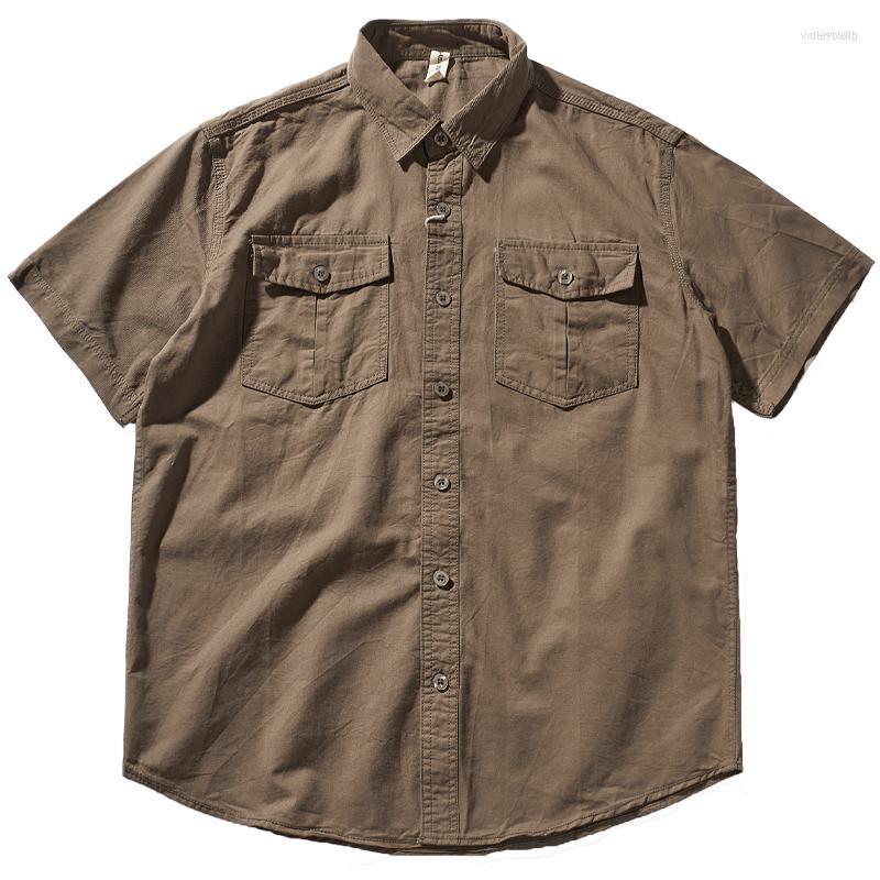 

Men's Casual Shirts Men's 2022 Summer American Retro Short Sleeve Lapel Tooling Shirt Men's Fashion Pure Cotton Washed Old, Khaki
