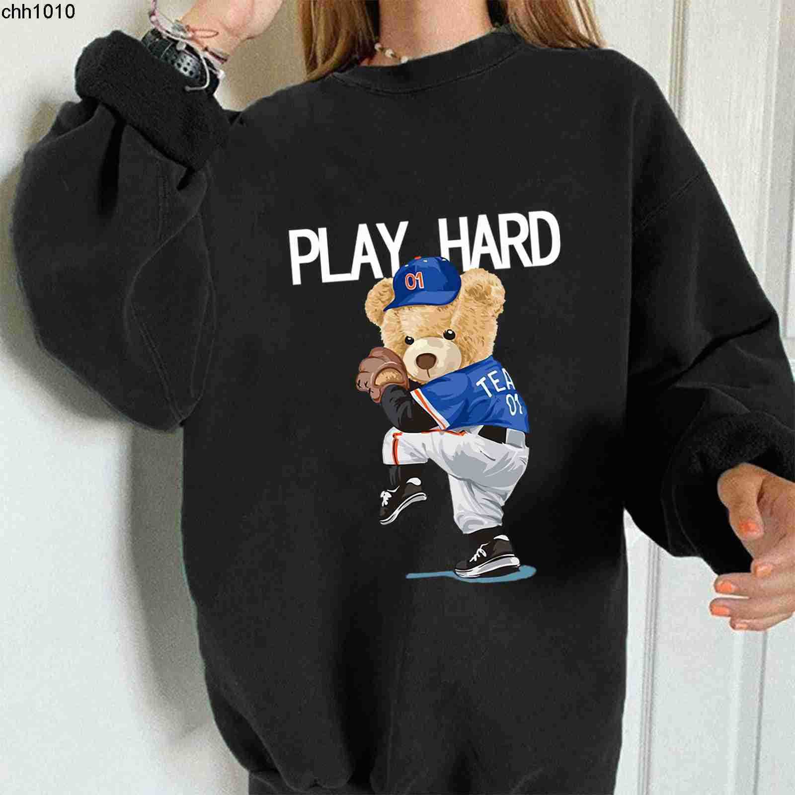 

Designer Hoodies Fall off shoulder plays hard bear print crew neck Pullover long sleeve sweater, Orange