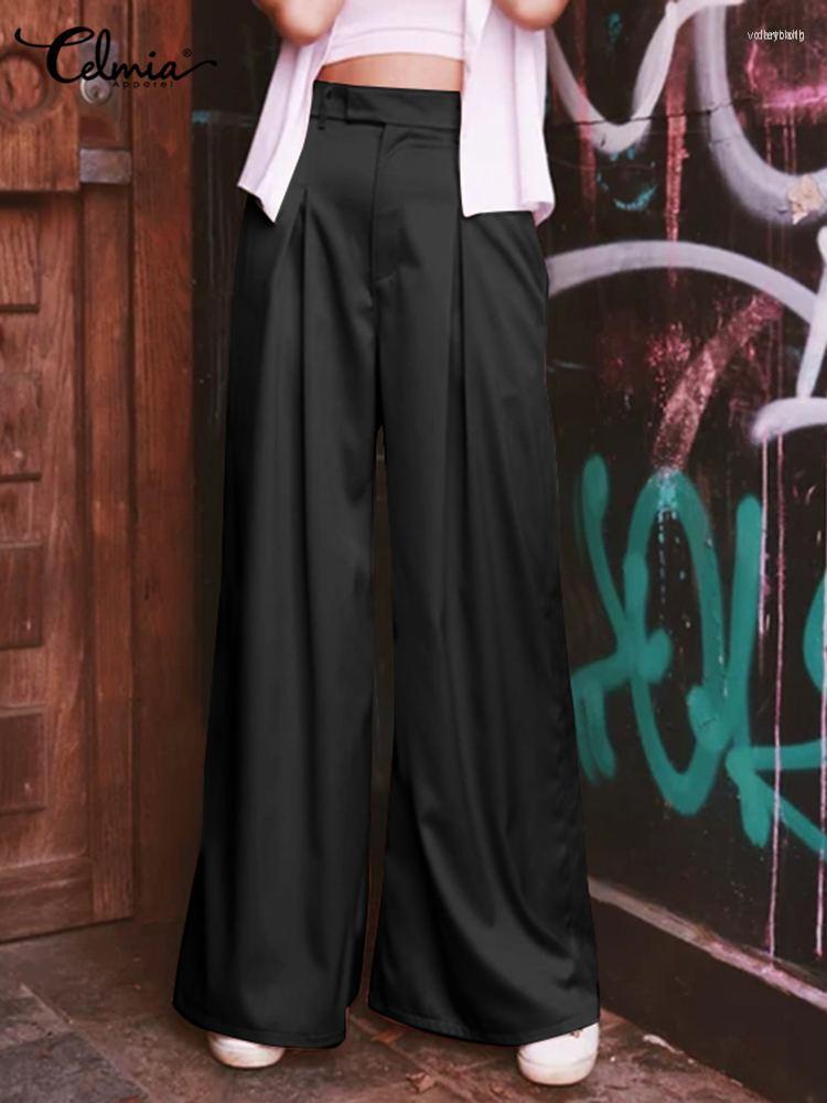 

Women' Pants Women' 2022 Elegant Satin Pleated Celmia Women Fashion High Waist Long Trouser Casual Back Elastic Pocket Workwear, Black