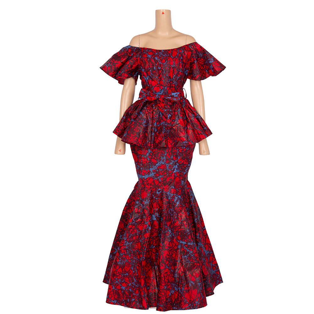 

BintaRealWax Women Two Piece Dress Off Shoulder Flared Skirt and Top Set Dashiki Wax Print Cotton Plus Size Party Clothing WY4678