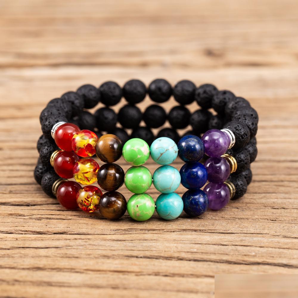 

Charm Bracelets 7 Chakras 8Mm Black Lava Stone Bracelet Diy Aromatherapy Essential Oil Diffuser Buddha Mala Yoga Jewelry Drop Delive Dhswn