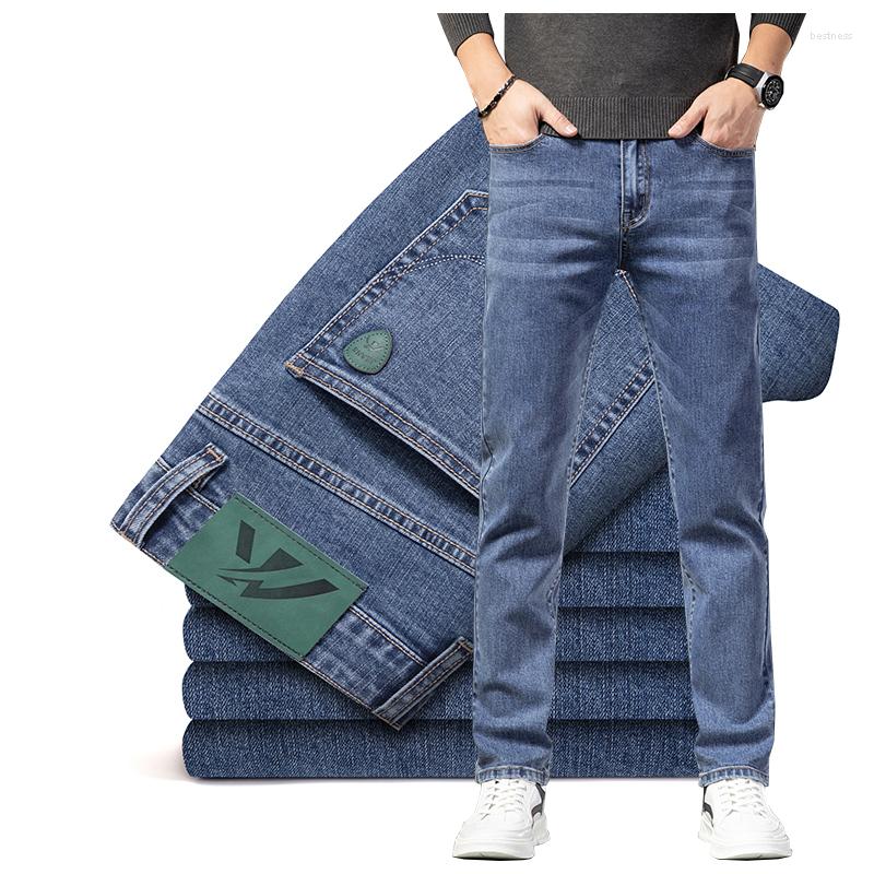 

Men's Jeans Men's Autumn Brand Denim Vintage Simple Clothing Midweight Fit Straight Cotton Stretch Classic Badge Pocket Trousers, Bi blue