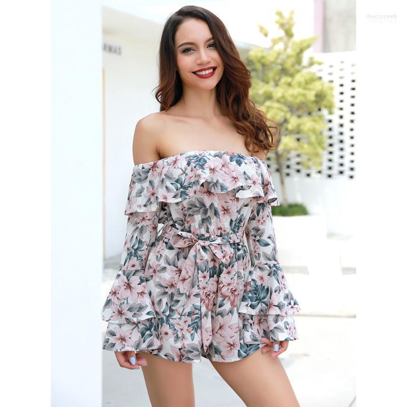

Women' Jumpsuits Women' & Rompers Wholesale Custom Retail Factory Price Good Quality Fashion One-Neck Floral Long Trumpet Sleeve Belt, Multi