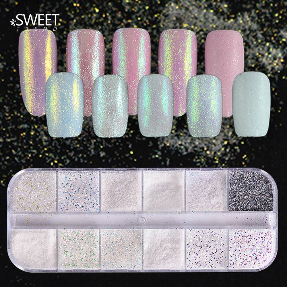 

12 Grids Flash Nail Glitter Powder Nail Shinning Chrome Pigment Dust UV Gel Polish Accessories White Icing