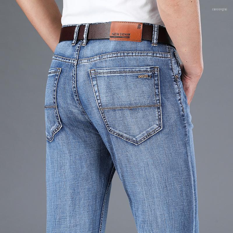 

Men's Jeans LICHENGRUI Summer Men's Thin Smoke Gray Straight Classic Business Fashion Stretch Denim Trousers Male Brand Pants, Smoke grey