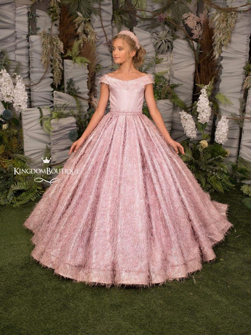 

Girl Dresses Elegant Blush Pink Satin Flower Feathers Floor Length Off The Shoulder A Line Pageant Dress, Black