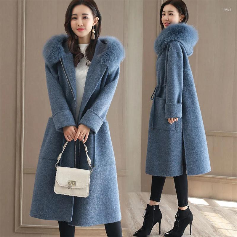 

Women's Wool 2022 Woolen Coat Women Autumn Winter Long Jacket Hooded Fur Collar Zipper Hem Split Solid Cloth Overcoat Lady Outerwear, Gray