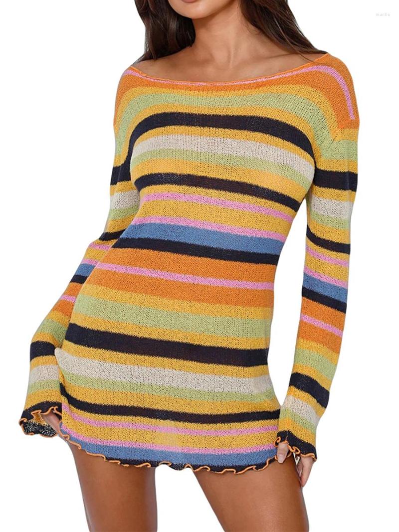 

Casual Dresses BEAFNKSG Women Knit Sheer Dress Long Sleeve Striped Crochet Mesh See Through Mini Bodycon Short, Purple