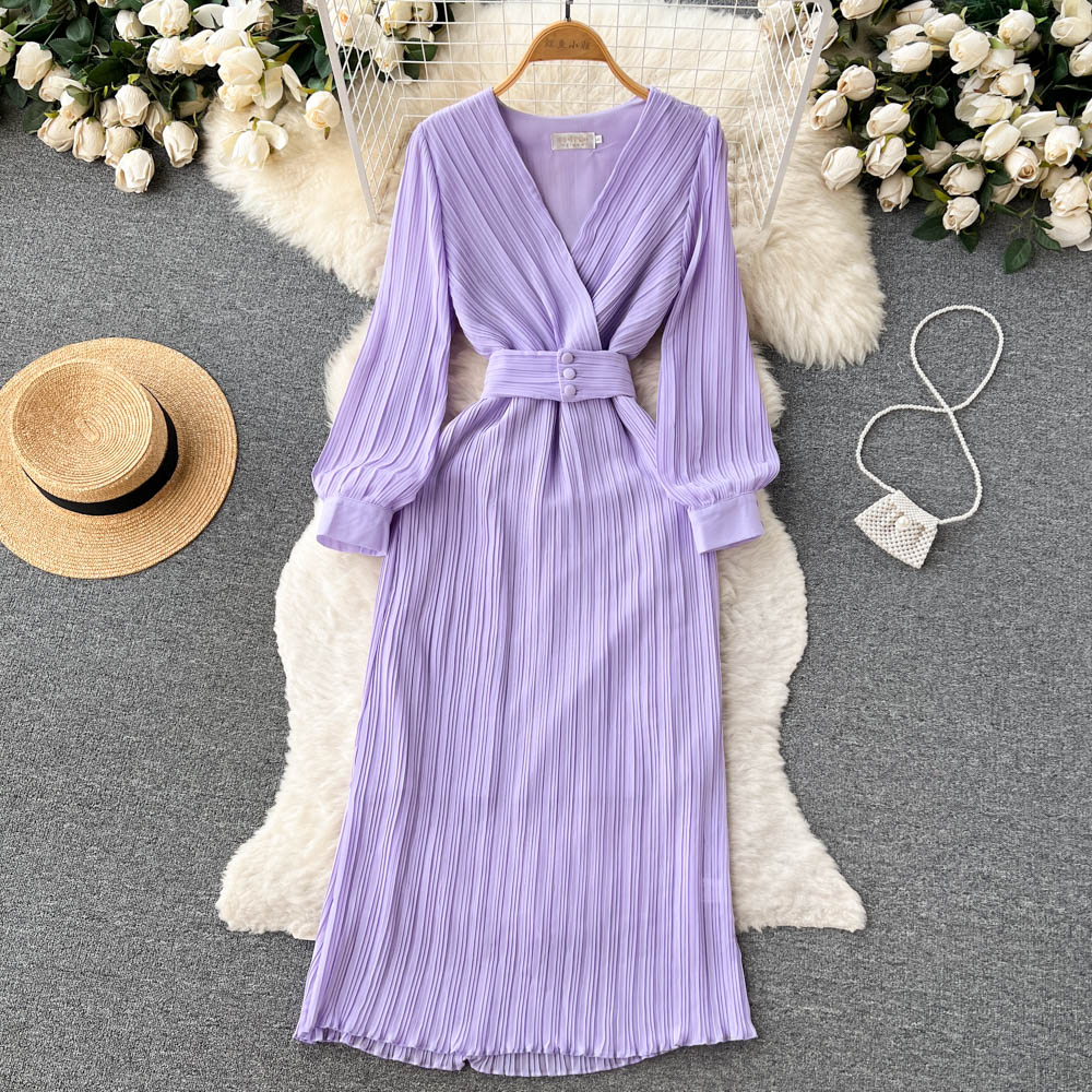 

Autumn New Style Waist Slim Dress Light and Mature French Celebrity Long Sleeve Waist 100 Pleated V-Neck skirts, Purple