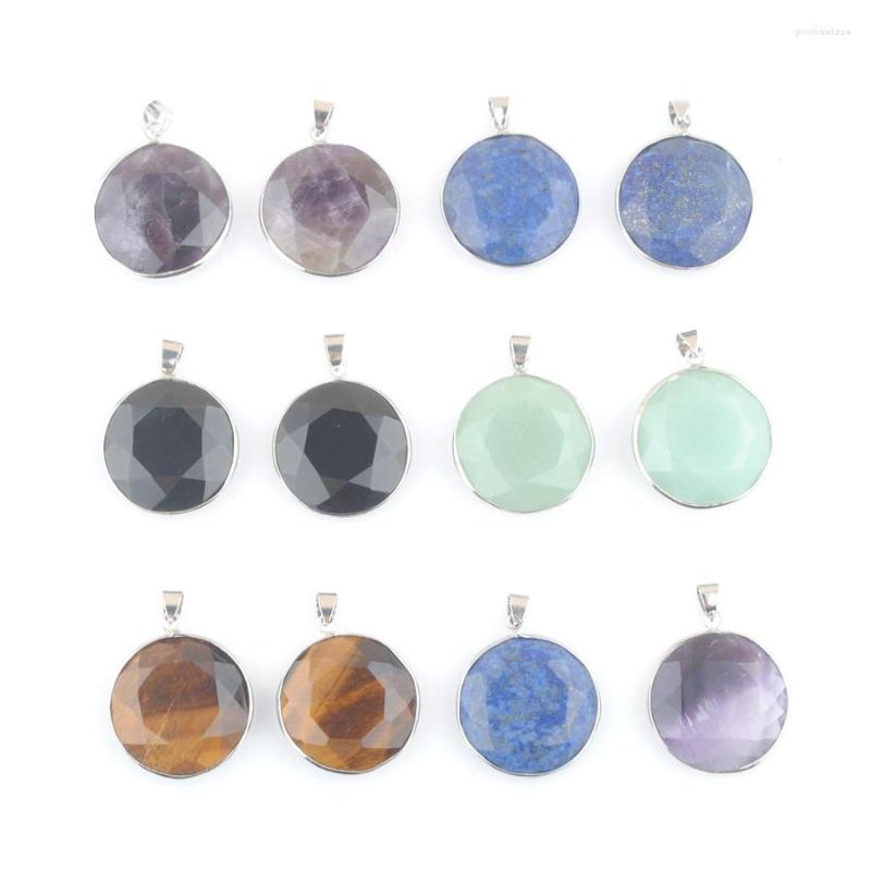 

Pendant Necklaces Wholesale 3Pcs Natural Multifaceted Stone Necklace 26mm Round Circle Beads Jewelry Aventurine Lapis Lazuli Opal TBN477