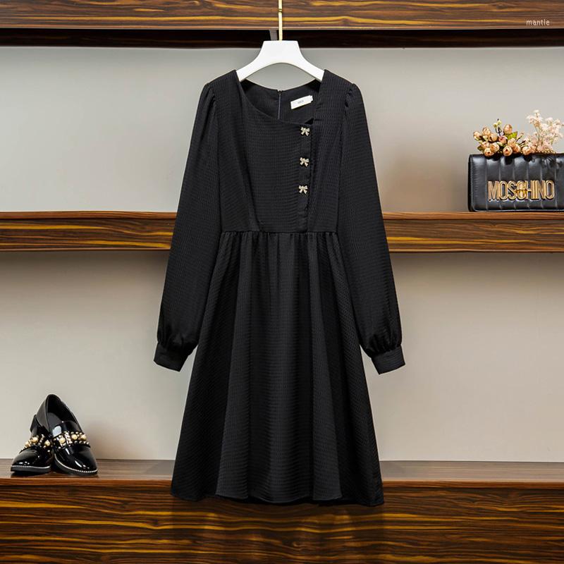 

Casual Dresses Plus Size 4XL Women Spring Black Party Dress OL Diagonal Collar Long Sleeve Cotton Bow Buttons Slim Pleated Robe Vestidos