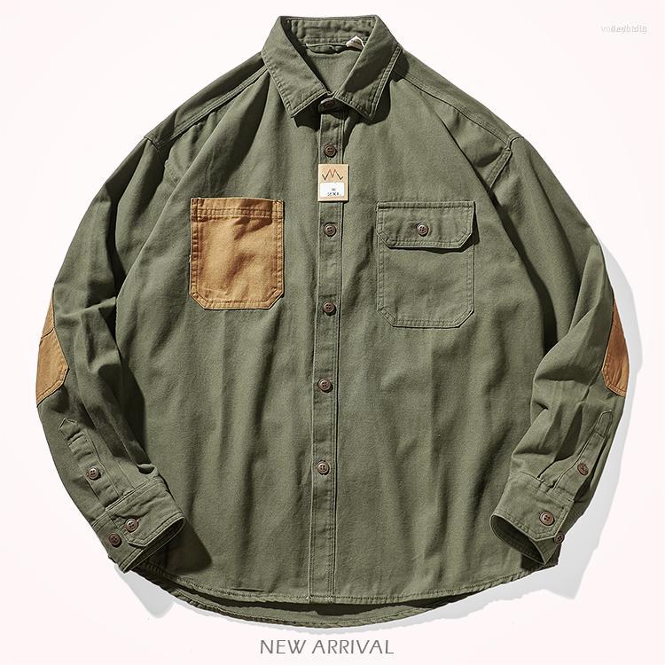 

Men's Casual Shirts Men's Autumn American Retro Heavyweight Long Sleeve Lapel Cargo Shirt Men's Pure Cotton Washed Double Pocket, Army green