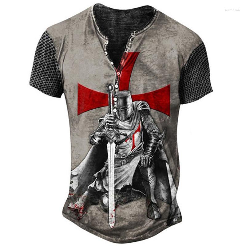 

Men's T Shirts Men's T-Shirts Men Imitation Cotton V Neck With 7 Buttons Summer Streetwear Kinghts Templar Print Loose Short Sleeve, Txcl-220607-07